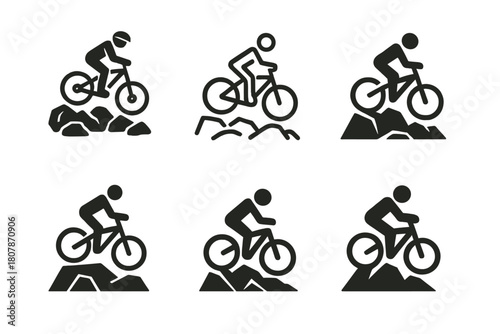 Mountain Biking Icons. Mountain biking. Line icon set of mountain biking: mountain bike, uphill trail, downhill trail, biker helmet, water bottle, chain,