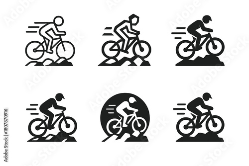 Mountain Biking Icons. Mountain biking. Line icon set of mountain biking: mountain bike, uphill trail, downhill trail, biker helmet, water bottle, chain,