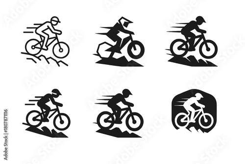 Mountain Biking Icons. Mountain biking. Line icon set of mountain biking: mountain bike, uphill trail, downhill trail, biker helmet, water bottle, chain,