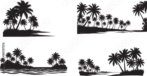 Tropical Palm Tree Island Landscape Silhouettes Set
