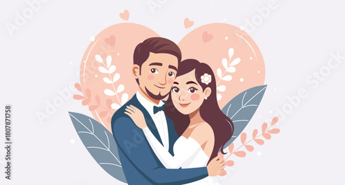 Happy wedding couple embracing on pink heart background with flowers. Illustration.