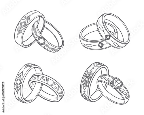 Collection of romantic decorative wedding and engagement rings. Line art. Black and white sketch.