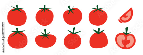 Flat tomato icons set, red tomato illustrations with green stems, fresh food elements