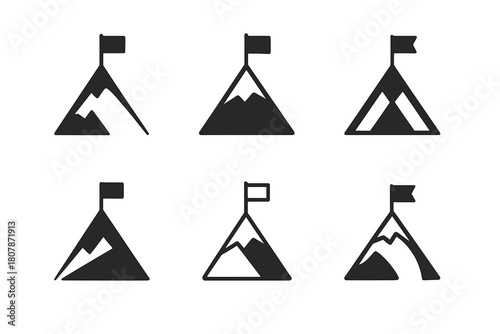 New Year Icons. New Year goal setting. Icon set. Set Logo of New Year goal setting: mountain peak success. harmonious logo variations of the same emblematic