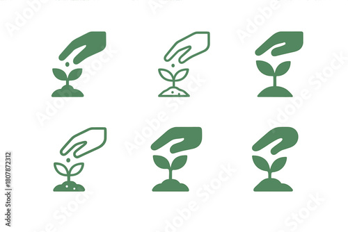 Organic Gardening Icons. Organic gardening. Icon set. Set Logo of Organic gardening: hand planting seedling. harmonious logo variations of the same emblematic