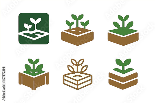 Organic Gardening Icons. Organic gardening. Icon set. Set Logo of Organic gardening: hand planting seedling. harmonious logo variations of the same emblematic