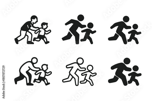 Playful Family Icons. Chasing kids in the yard. Icon set. Set Logo of Chasing kids in the yard: parent playfully running after child. harmonious logo