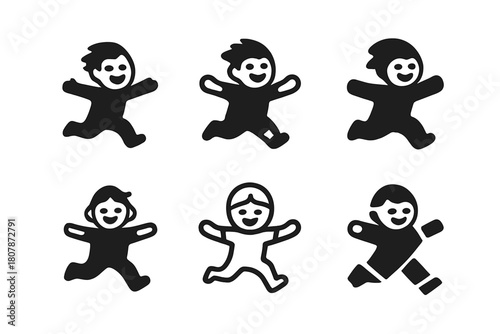 Playful Kids Emblems. Chasing kids in the yard. Icon set. Set Logo of Chasing kids in the yard: laughing child mid-run. harmonious logo variations of the same