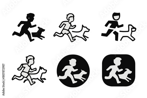 Playful Yard Logos. Chasing kids in the yard. Icon set. Set Logo of Chasing kids in the yard: dog running beside kids. harmonious logo variations of the same