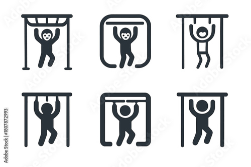 Playtime Fun Logos. Monkey bars. Icon set. Set Logo of playtime fun: child hanging from bars. harmonious logo variations of the same emblematic concept, each
