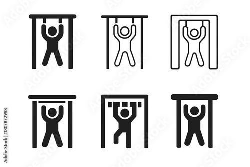 Playtime Fun Logos. Monkey bars. Icon set. Set Logo of playtime fun: child hanging from bars. harmonious logo variations of the same emblematic concept, each