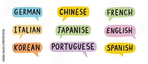 English, Chinese, German Learn new language. French, Italian, Spanish lettering doodle hand drawn text. Japanese, Portuguese, Korean speech bubble set.