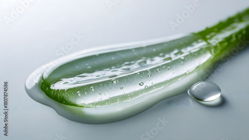 Transparent aloe vera gel smear with water drop, green herbal leaf texture, organic skincare moisturizer stroke, cosmetic serum background, for beauty, spa, wellness, freshness.