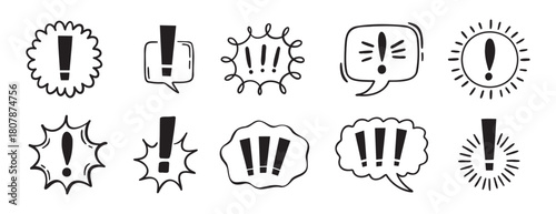 exclamation mark icon with bubble chat set, comix exclamation mark icon doodle hand drawn. Outline line drawing clipart symbol