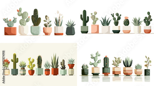 Charming collection of potted cacti and succulents in soft earthy tones. Modern botanical set perfect for home decor graphics, gardening themes, and minimalist nature illustrations.
