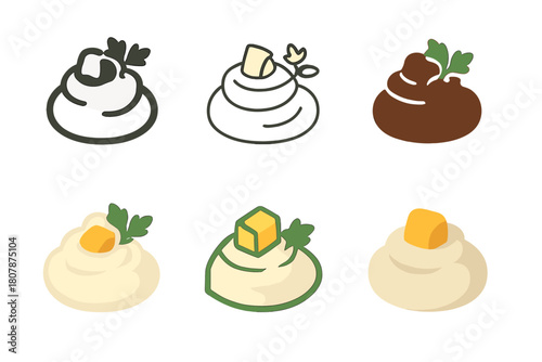 Mashed Potato Logos. Mashed potato mound. Icon set. Set Logo of mashed potato mound: serving spoon scooping mashed potatoes. harmonious logo variations of the