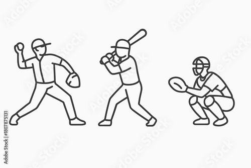 Baseball Players in Action. Baseball player actions. Line icon set of baseball player actions: pitcher throw, batter swing, catcher squat