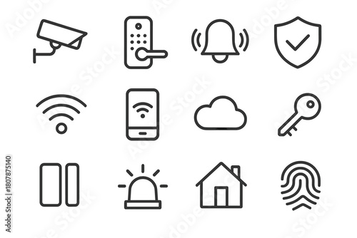 Smart Security Icons. Smart security. Line icon set of smart security: camera, door lock, alarm, shield, Wi-Fi signal, phone app, cloud, key, door sensor,