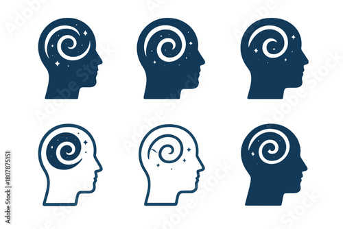 Celestial Swirl Icons. Night sky filled with swirling thoughts. Icon set. Set Logo of night sky filled with swirling thoughts: celestial spiral motion.