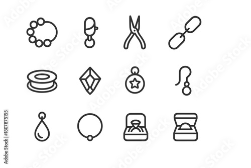 Jewelry Making Icons. Jewelry making. Line icon set of jewelry making: bead string, clasp, pliers, chain, wire coil, gemstone, charm, earring hook, pendant,