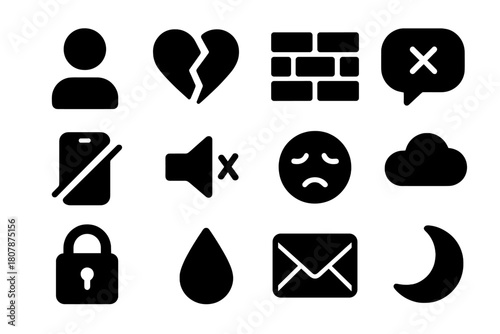 Emotional Disconnect Icons. Emotional disconnection. Solid icon set of emotional disconnection: person, heart half, wall, chat bubble, phone, silence icon, sad
