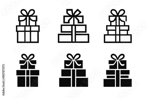 Stacked Presents Icons. Presents stacked up. Icon set. Set Logo of Presents stacked up: Confetti. harmonious logo variations of the same emblematic concept