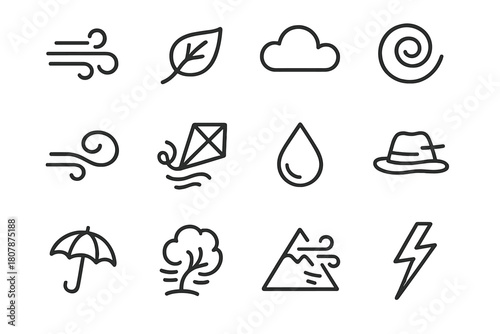 Wind Motion Icons. Wind and motion. Line icon set of wind and motion: gust lines, leaf, cloud, swirl, wave, kite, droplet, hat, umbrella, tree, mountain,