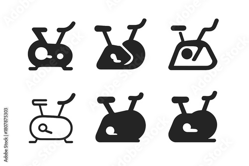 Exercise Bike Logos. exercise bike. Icon set. Set Logo of exercise bike: digital fitness bike with screen. harmonious logo variations of the same emblematic