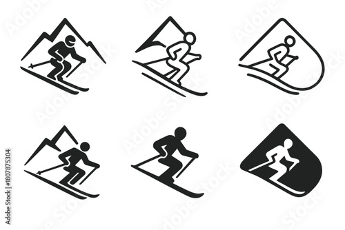 Skiing Logo Collection. Skiing on mountain slopes. Icon set. Set Logo of skiing on mountain slopes: skier carving through mountain curves. harmonious logo