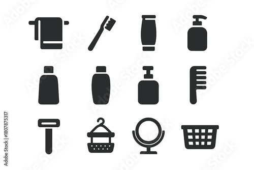 Bathroom Essentials Icons. Bathroom essentials. Line icon set of bathroom essentials: towel, soap bar, toothbrush, toothpaste, shampoo bottle, shower head,