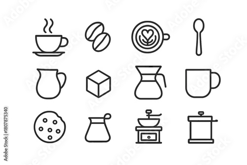 Coffee Icon Set. Coffee shop design. Line icon set of coffee shop design: coffee cup, mug, coffee bean, steam, aroma swirl, leaf, grinder, sack, label tag,