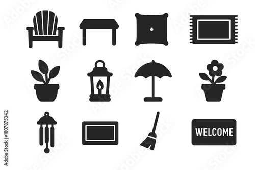 Porch Essentials Icons. Porch essentials. Solid icon set of Porch essentials: chair, table, cushion, outdoor rug, potted plant, lantern, umbrella, flower pot,