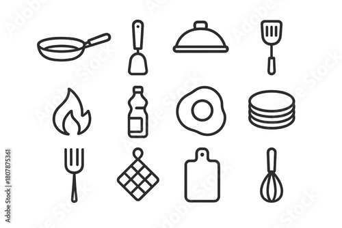 Frying Essentials Icons. Frying essentials. Line icon set of frying essentials: frying pan, handle, lid, spatula, flame, oil bottle, egg, pancake, fork, pot