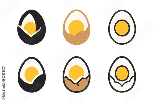 Boiled Egg Artistry. Boiled eggs. Icon set. Set Logo of Boiled eggs: Egg with shell partially peeled. harmonious logo variations of the same emblematic