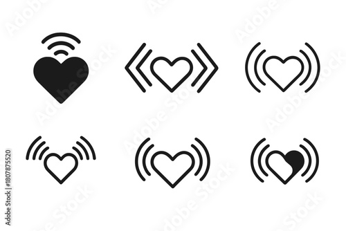 Connected Hearts Icons. Distance in relationship. Icon set. Set Logo of distance in relationship: connected hearts by signal waves. harmonious logo variations