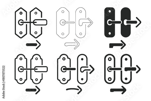 Door Hardware Icons. Replacing door hardware (knob or handle). Icon set. Set Logo of replacing door hardware (knob or handle): handle and key silhouette on