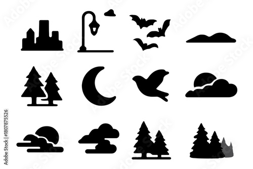 Dusk Icon Set. Dusk. Solid icon set of Dusk: skyline, lamp post, shadows, bats, distant hills, pine trees, half moon, twilight sky, silhouette bird, evening