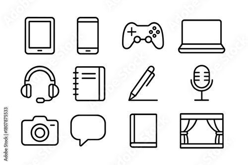 Interactive Storytelling Icons. Interactive storytelling. Line icon set of interactive storytelling: tablet, smartphone, game controller, laptop, headset,