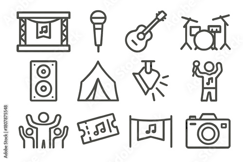 Music Festival Icons. Music Festival. Line icon set of Music Festival: stage, microphone, guitar, drum set, speaker, tent, spotlight, performer, crowd, ticket,
