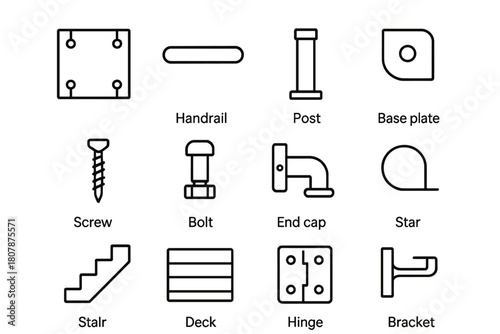 Balustrade Icon Set. Balustrade design. Line icon set of balustrade design: glass panel, handrail, post, base plate, screw, bolt, wall bracket, end cap, stair,