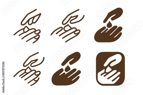 Natural Nail Logos. Natural nails. Icon set. Set Logo of natural nails: cuticle oil dropper above nail plate. harmonious logo variations of the same emblematic