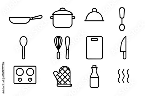 Essential Cookware Icons. Cookware essentials. Line icon set of cookware essentials: frying pan, pot, lid, spatula, spoon, whisk, cutting board, knife, stove,