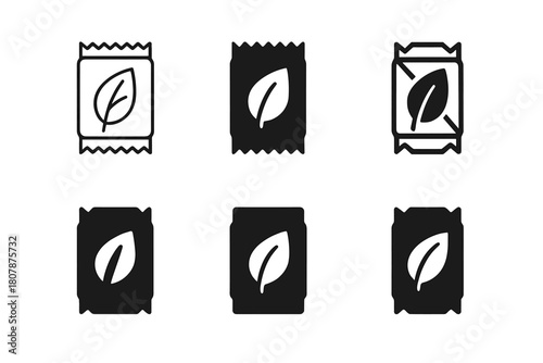 Edible Packaging Logos. Edible packaging innovations. Icon set. Set Logo of edible packaging innovations: biodegradable food wrapper with leaf motif.