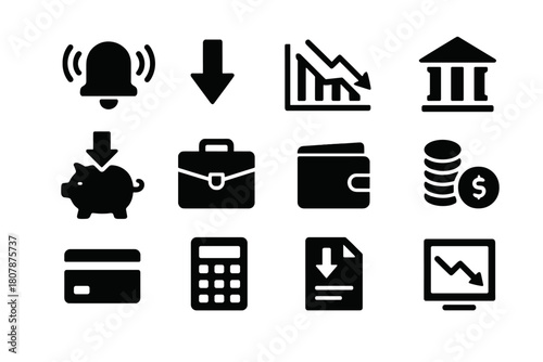 Economic Icons Grid. Economic Struggle. Solid icon set of Economic Struggle: downward arrow, falling graph, bank building, piggy bank, briefcase, wallet,