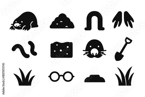 Digging Animals Icons. Digging Animal. Solid icon set of Digging Animal: mole, dirt mound, tunnel, digging paws, worm, soil, whiskers, nose, grass, shovel,