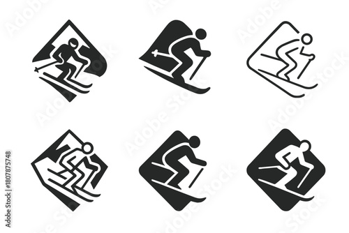 Skiing Logo Collection. Skiing on mountain slopes. Icon set. Set Logo of skiing on mountain slopes: skier carving through mountain curves. harmonious logo