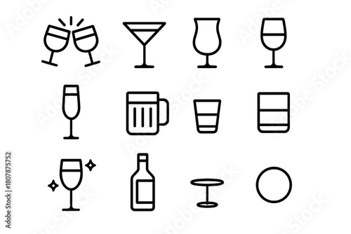 Iconic Cocktail Celebration. Cocktail toast. Line icon set of cocktail toast: clinking glasses, martini glass, cocktail glass, wine glass, champagne flute,