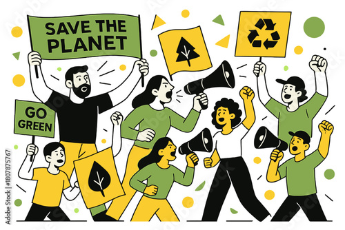 Vibrant Environmental Protest. Environmental Protests. Wide view of environmental march with banners, megaphones, and floating abstract geometric shapes,