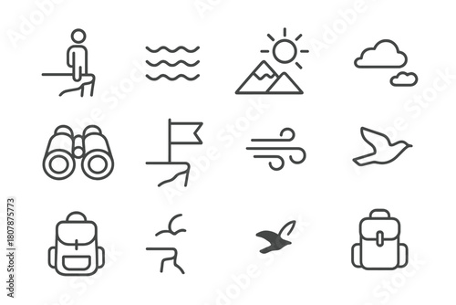 Cliffside Icon Set. Cliffside View. Line icon set of Cliffside View: person, cliff edge, sea, waves, mountain, clouds, sun, binoculars, flag, wind, bird,