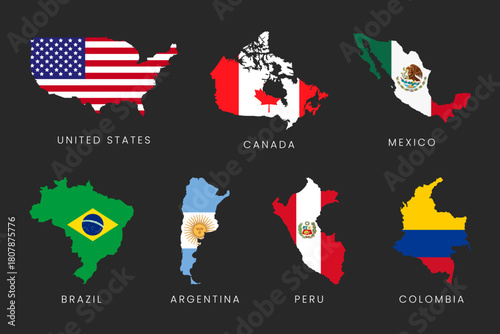 American Countries Flag Map Collection – USA, Canada, Mexico, Brazil, Argentina, Peru, Colombia
